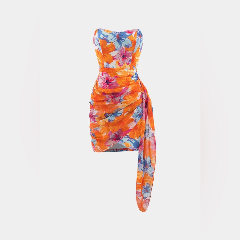Micas Floral Print Wrap Ruched Strapless Mini Dress - Orange